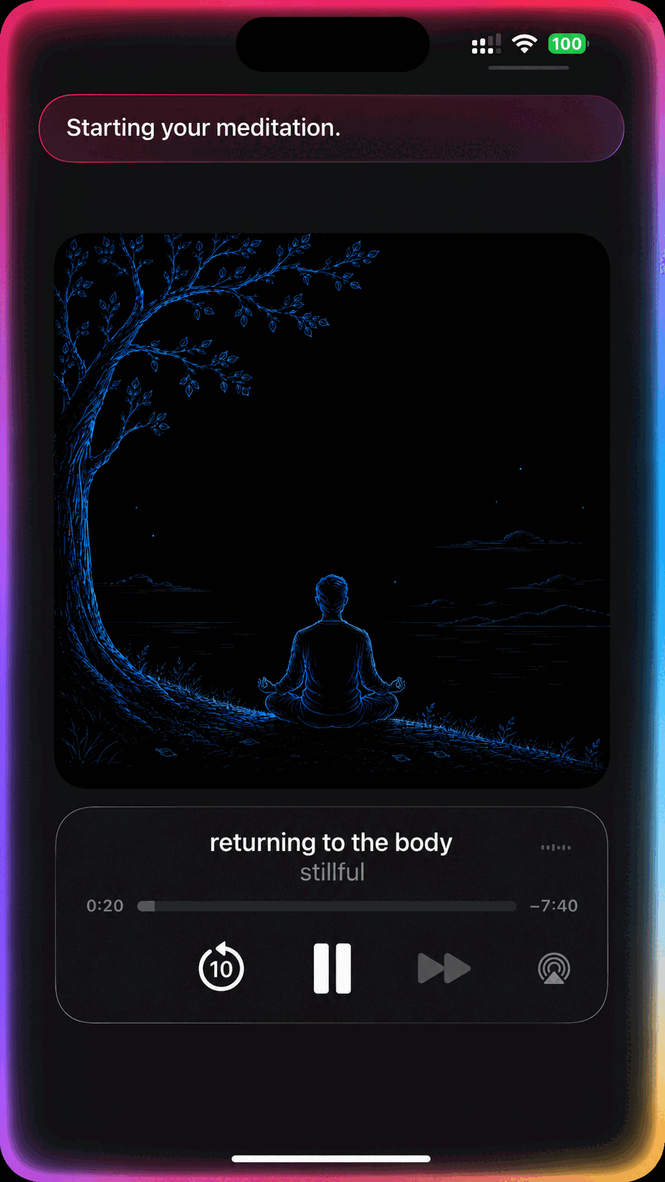 An iPhone lock screen after asking Siri to start a meditation, playing “returning to the body”